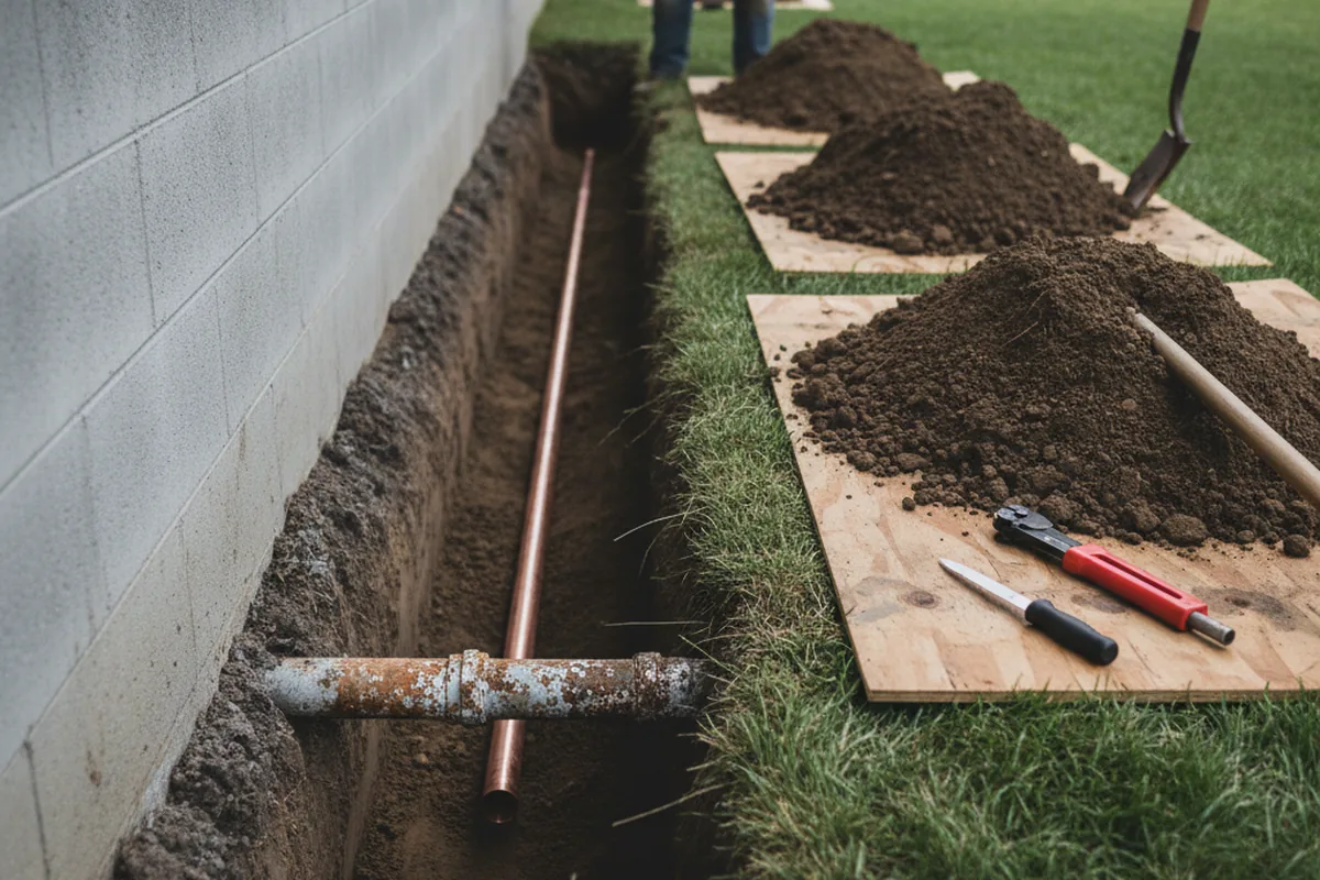 Excavated water line trench during Water Heater Repair in Leeds